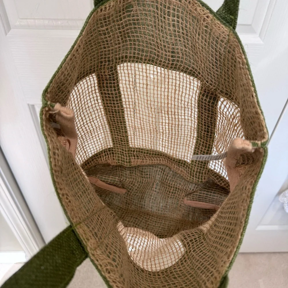 Miniso Large Jute Mesh Beach Tote Green Natural Market Shopper Carryall NWT Boho